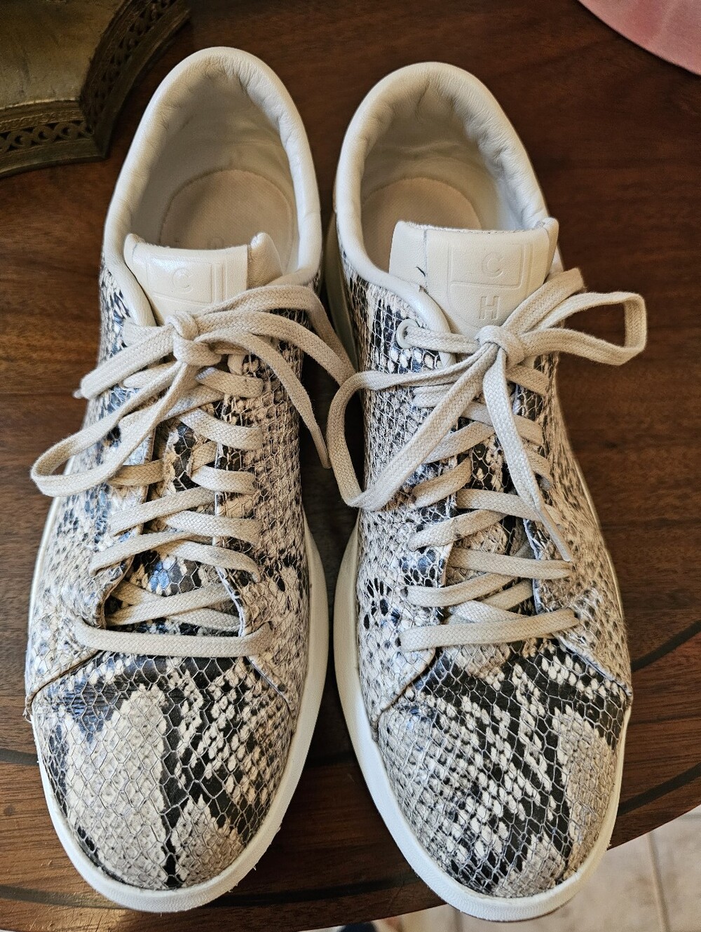 Cole Haan Leather Snake-Print Lace-Up Sneakers - White/Gray Size 8